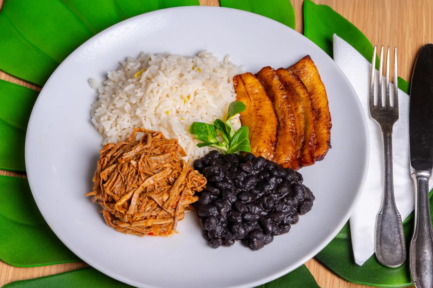 Plato latino con arroz, habichuelas y carne